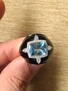 Natural Aquamarine, Black Enamel & Diamonds Cocktail Ring Set in 18K Gold