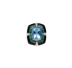 Natural Aquamarine, Black Onyx, Malachite & Diamond Ring in 18k Gold