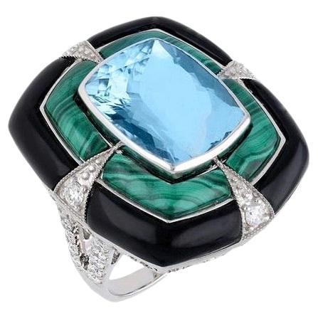 Natürlicher Aquamarin Schwarzer Onyx Malachit und Diamant in 18k Gold