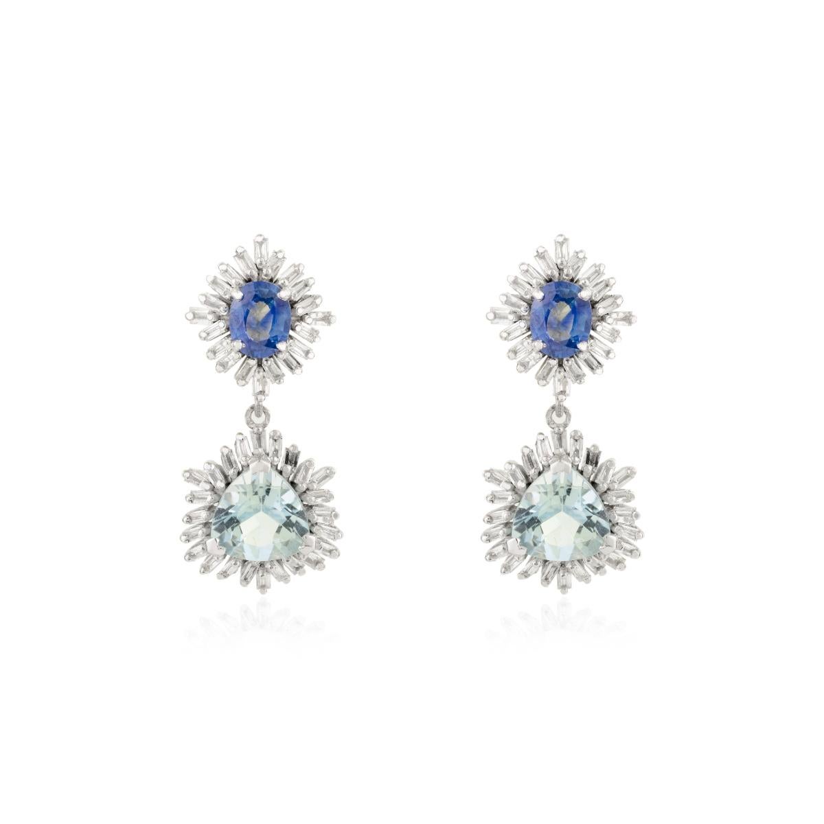 Modern Natural Aquamarine Blue Sapphire & Diamond Drop Earrings Made in 14k White Gold For Sale
