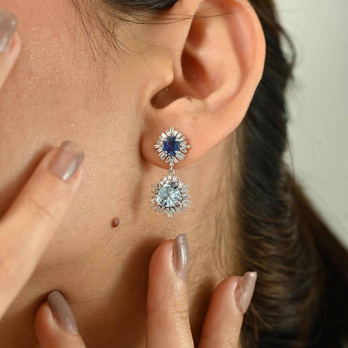 Trillion Cut Natural Aquamarine Blue Sapphire & Diamond Drop Earrings Made in 14k White Gold For Sale