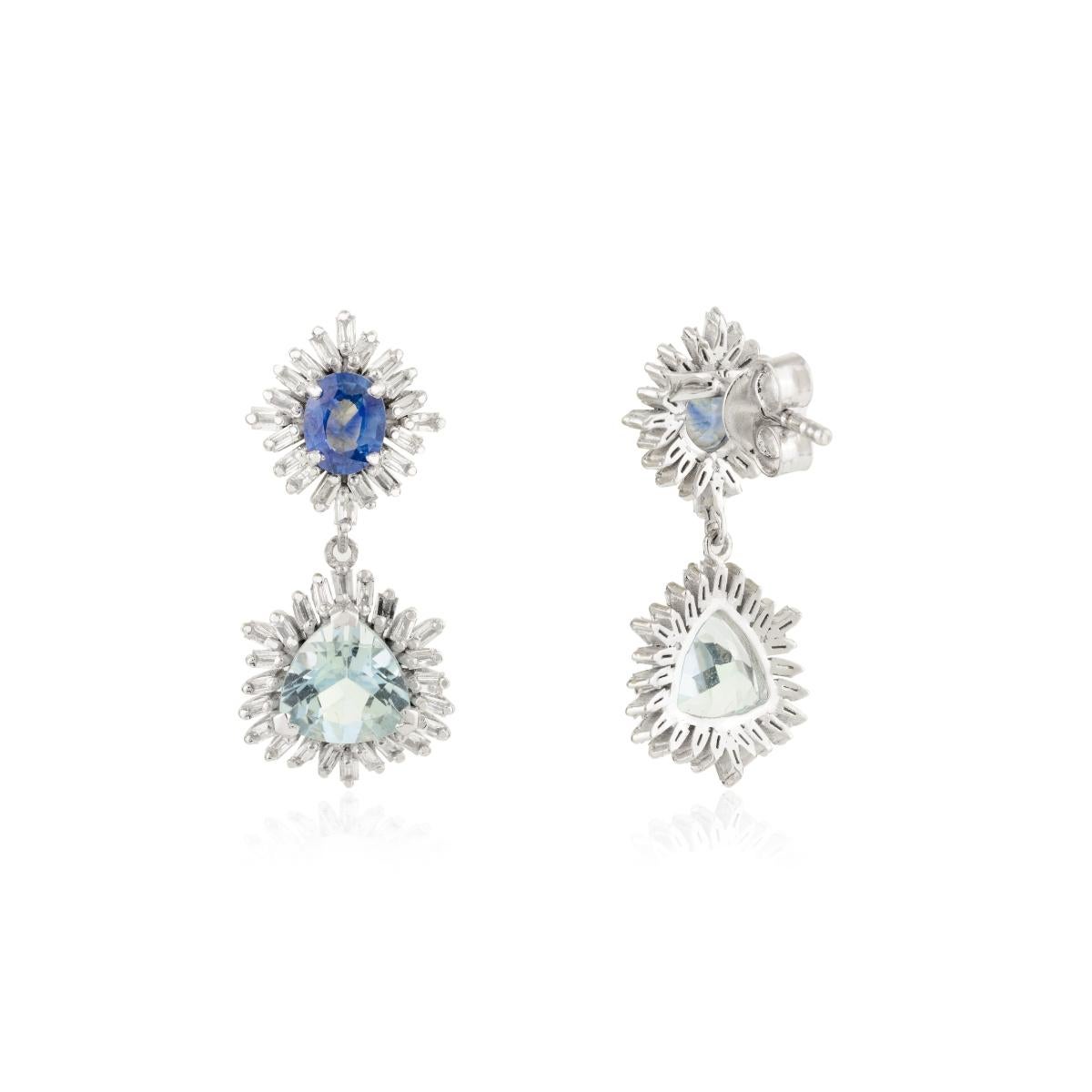 Natural Aquamarine Blue Sapphire & Diamond Drop Earrings Made in 14k White Gold In New Condition For Sale In New York, NY