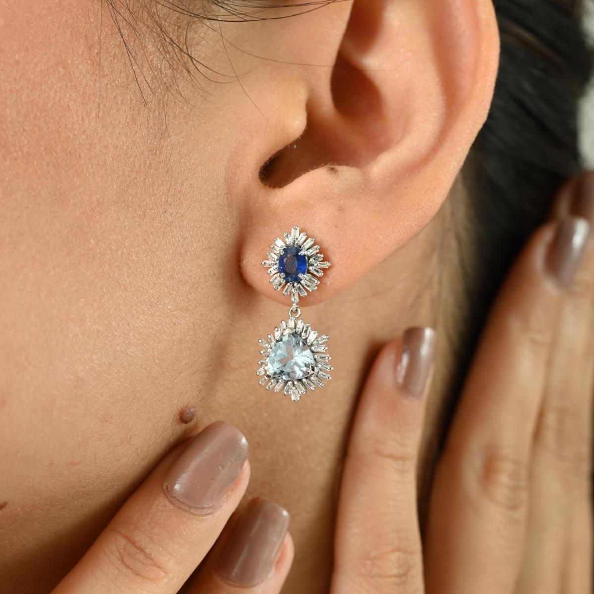 Women's Natural Aquamarine Blue Sapphire & Diamond Drop Earrings Made in 14k White Gold For Sale
