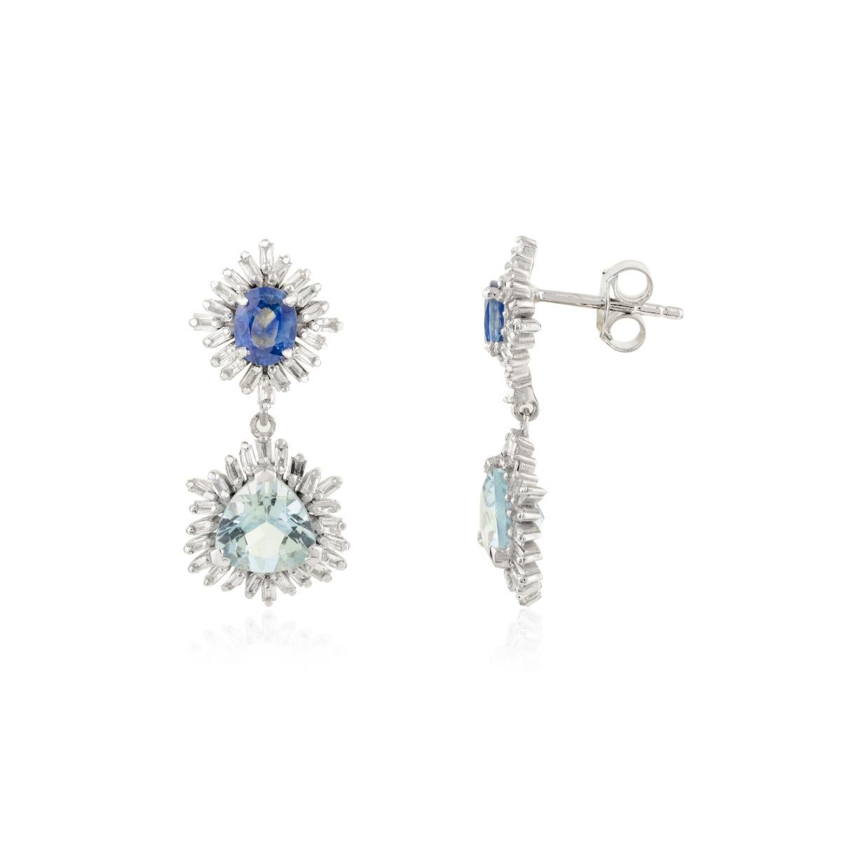 Natural Aquamarine Blue Sapphire & Diamond Drop Earrings Made in 14k White Gold For Sale 1