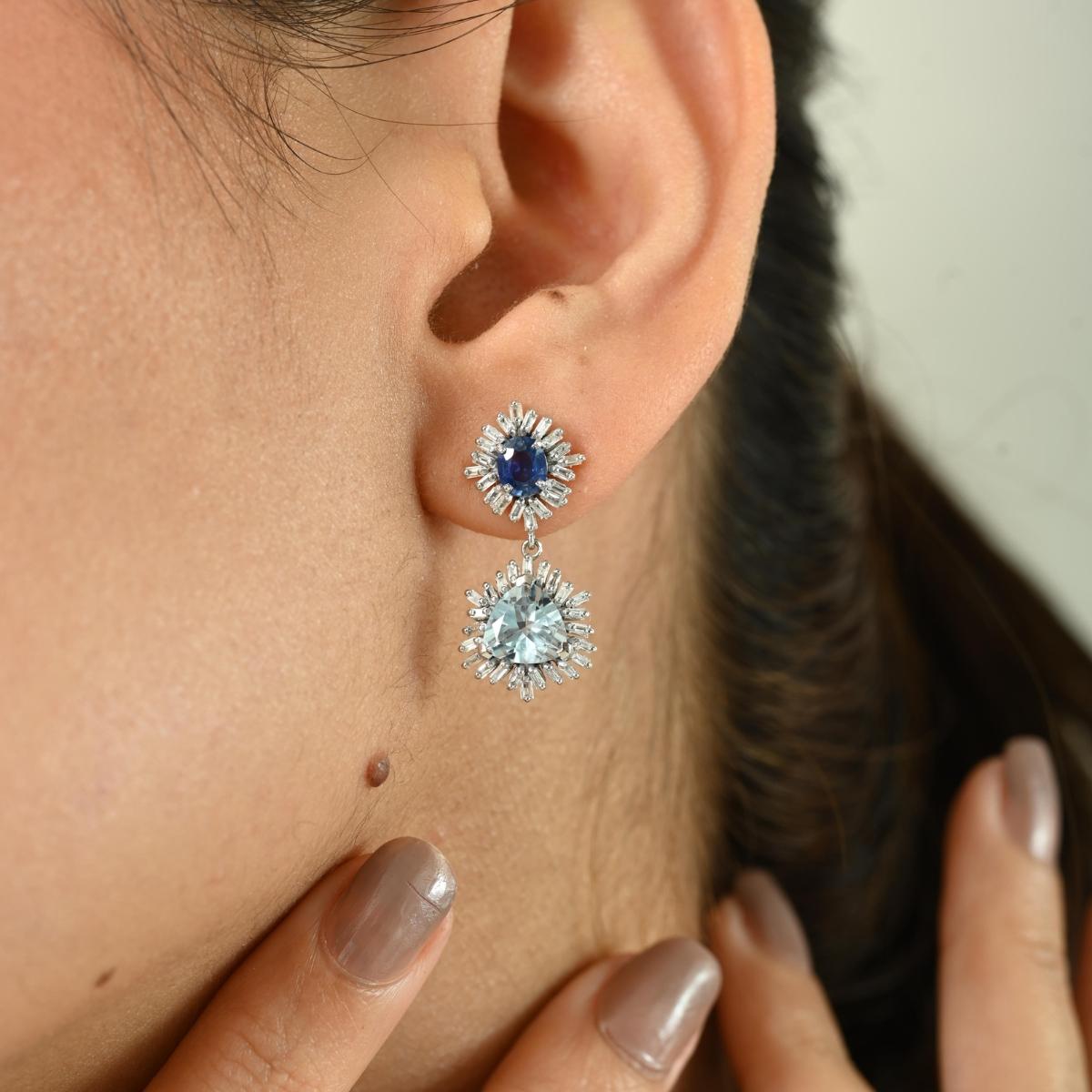 Natural Aquamarine Blue Sapphire & Diamond Drop Earrings Made in 14k White Gold For Sale 2