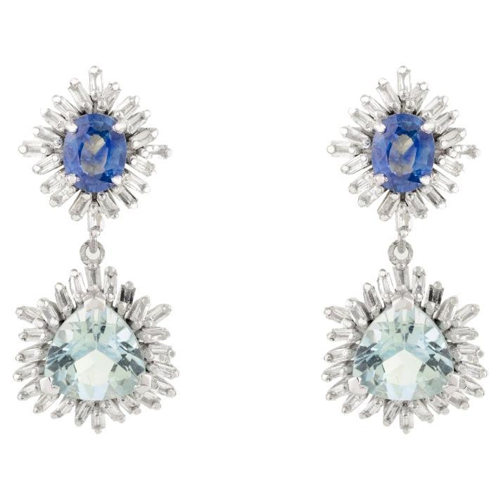 Pendientes de gota de zafiro azul aguamarina natural y diamantes, de oro blanco de 14k