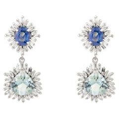 Boucles d'oreilles pendantes en or blanc 14k aigue-marine naturelle, saphir bleu et diamant