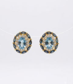 Elegant 18K Gold Aquamarine, Blue Sapphire & Diamond Earrings, 2.25ct