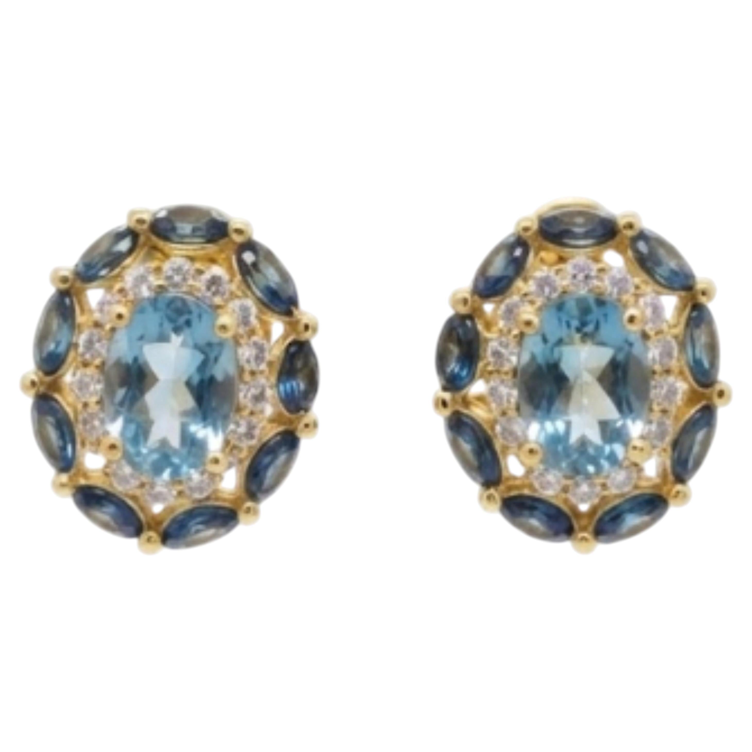 Natural Aquamarine, Blue Sapphire & Diamond Earring in 18k Gold
