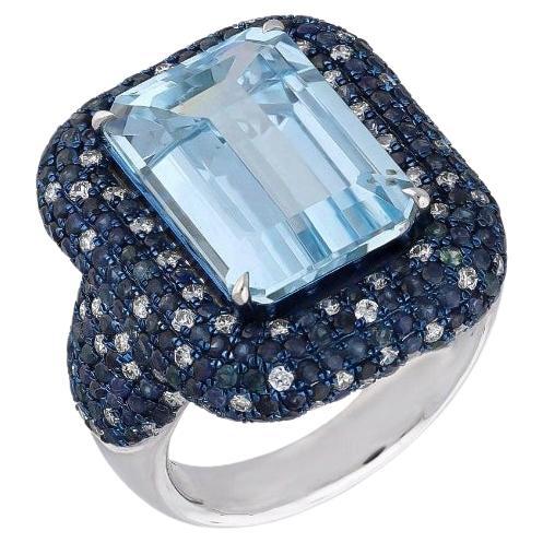 Natural Aquamarine, Blue Sapphire & Diamond Ring in 18K White Gold