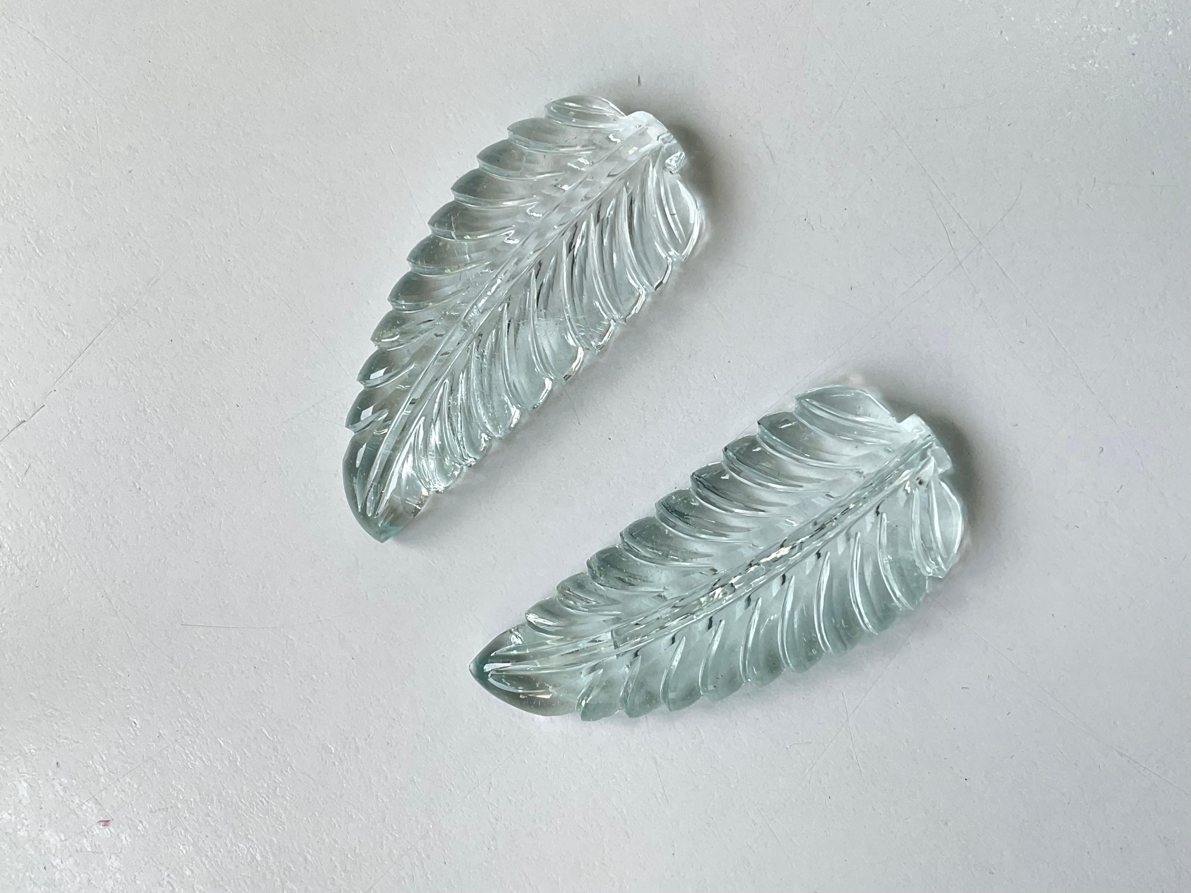 Cabochon Natural Aquamarine Carved Leaf Loose Gemstone Rare Size and Hand Carving For Sale