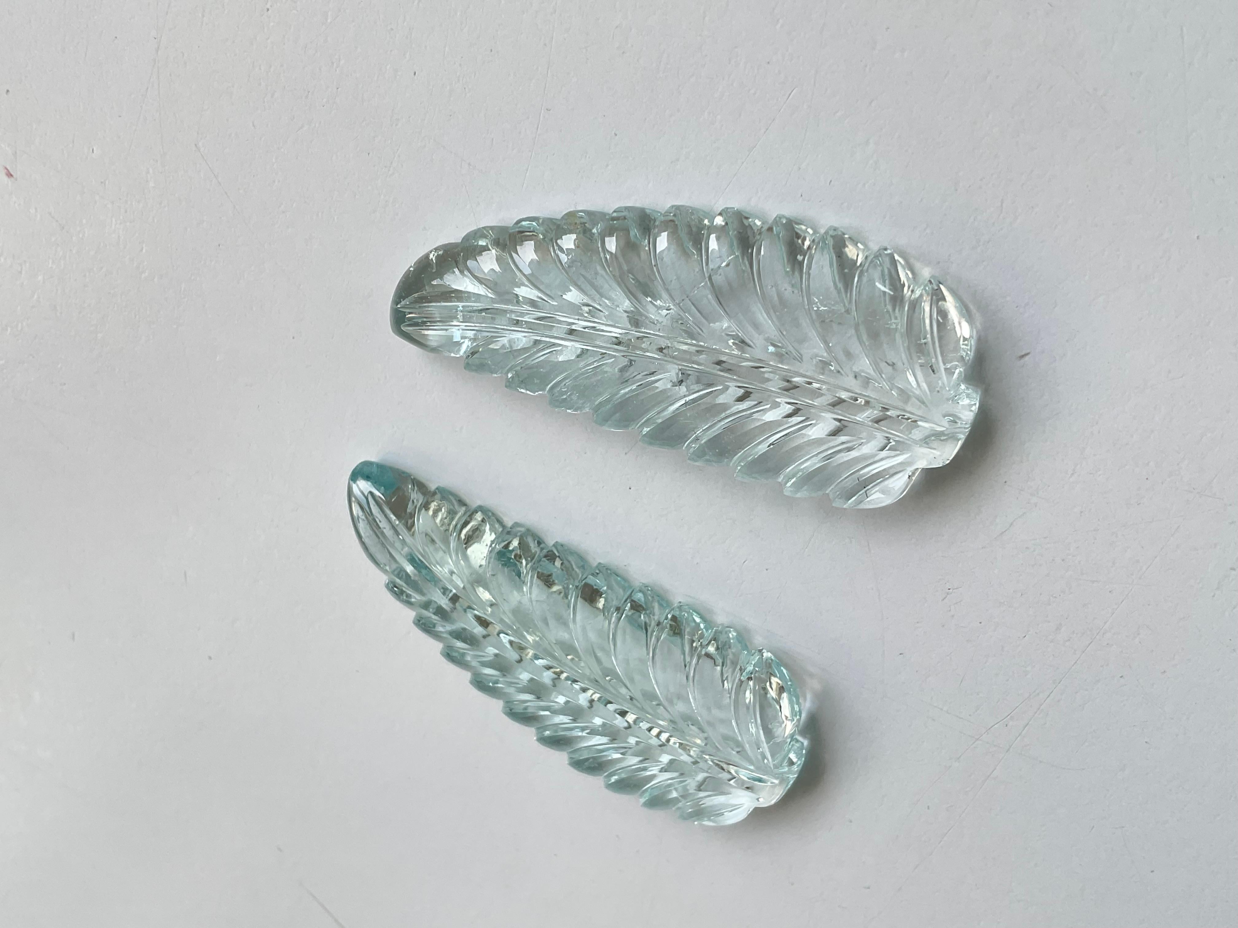 Cabochon Natural Aquamarine Carved Leaf Loose Gemstone Rare Size and Hand Carving For Sale