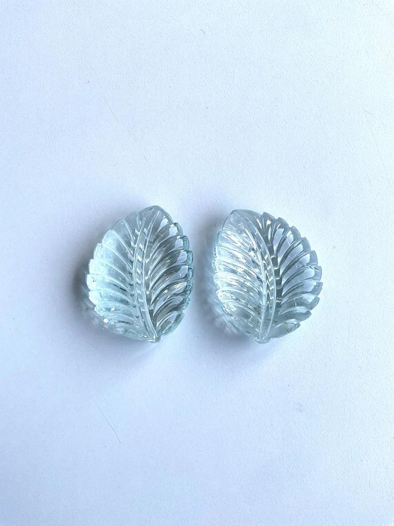 Art Deco Natural Aquamarine Carved Leaf Pair Loose Gemstone Rare Size and Hand Carving For Sale