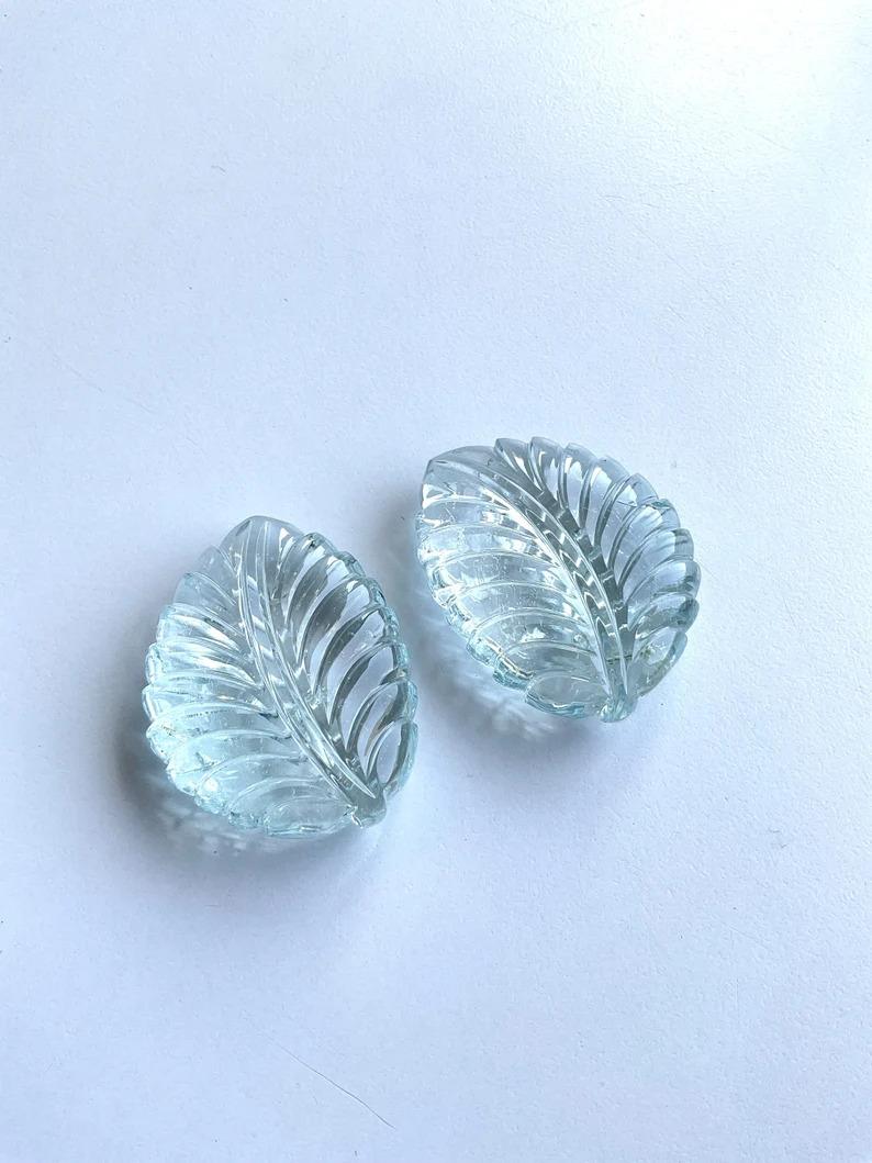 Cabochon Natural Aquamarine Carved Leaf Pair Loose Gemstone Rare Size and Hand Carving For Sale