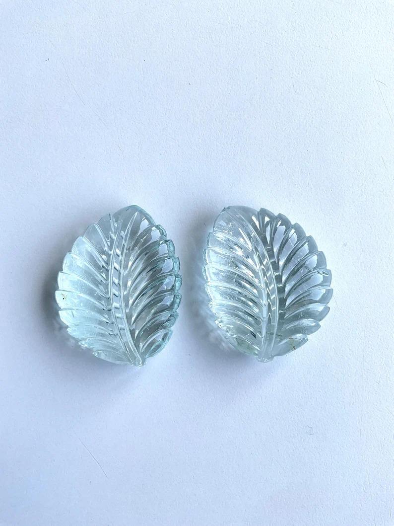 Women's or Men's Natural Aquamarine Carved Leaf Pair Loose Gemstone Rare Size and Hand Carving For Sale
