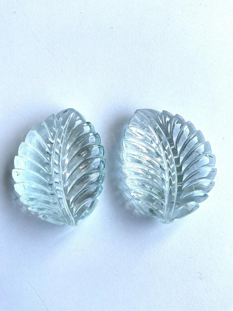 Natural Aquamarine Carved Leaf Pair Loose Gemstone Rare Size and Hand Carving For Sale 1