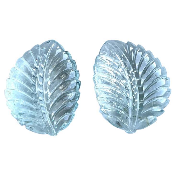 Natural Aquamarine Carved Leaf Pair Loose Gemstone Rare Size and Hand Carving For Sale