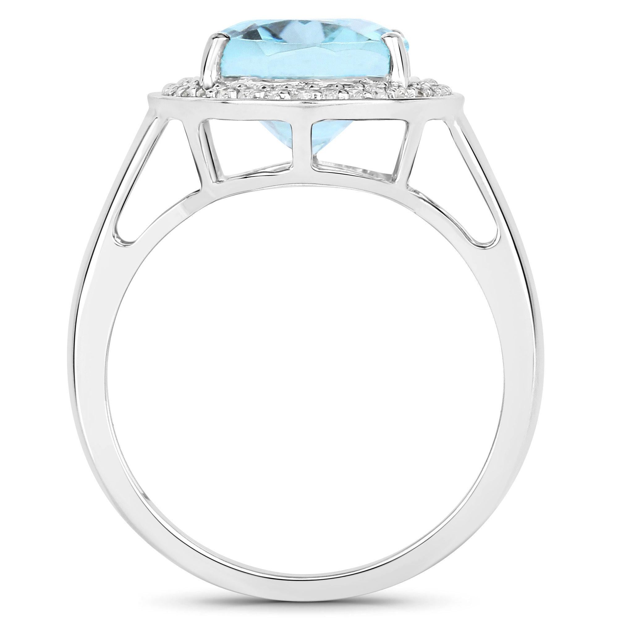 Natural Aquamarine Cocktail Ring Diamond Halo 3.70 Carats 14K White Gold In Excellent Condition For Sale In Laguna Niguel, CA