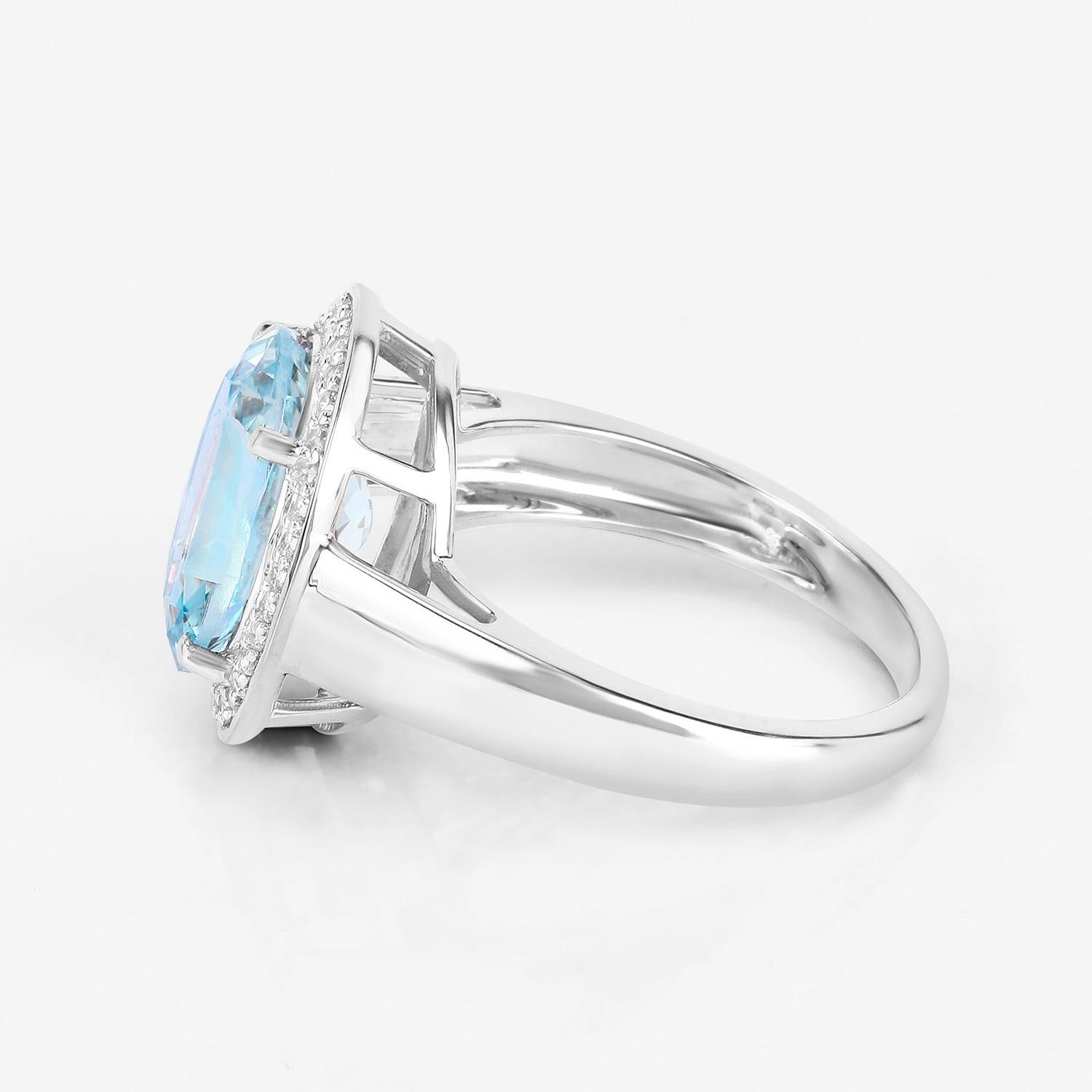 Women's Natural Aquamarine Cocktail Ring Diamond Halo 3.70 Carats 14K White Gold For Sale