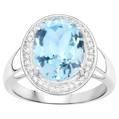 Natural Aquamarine Cocktail Ring Diamond Halo 3.70 Carats 14K White Gold