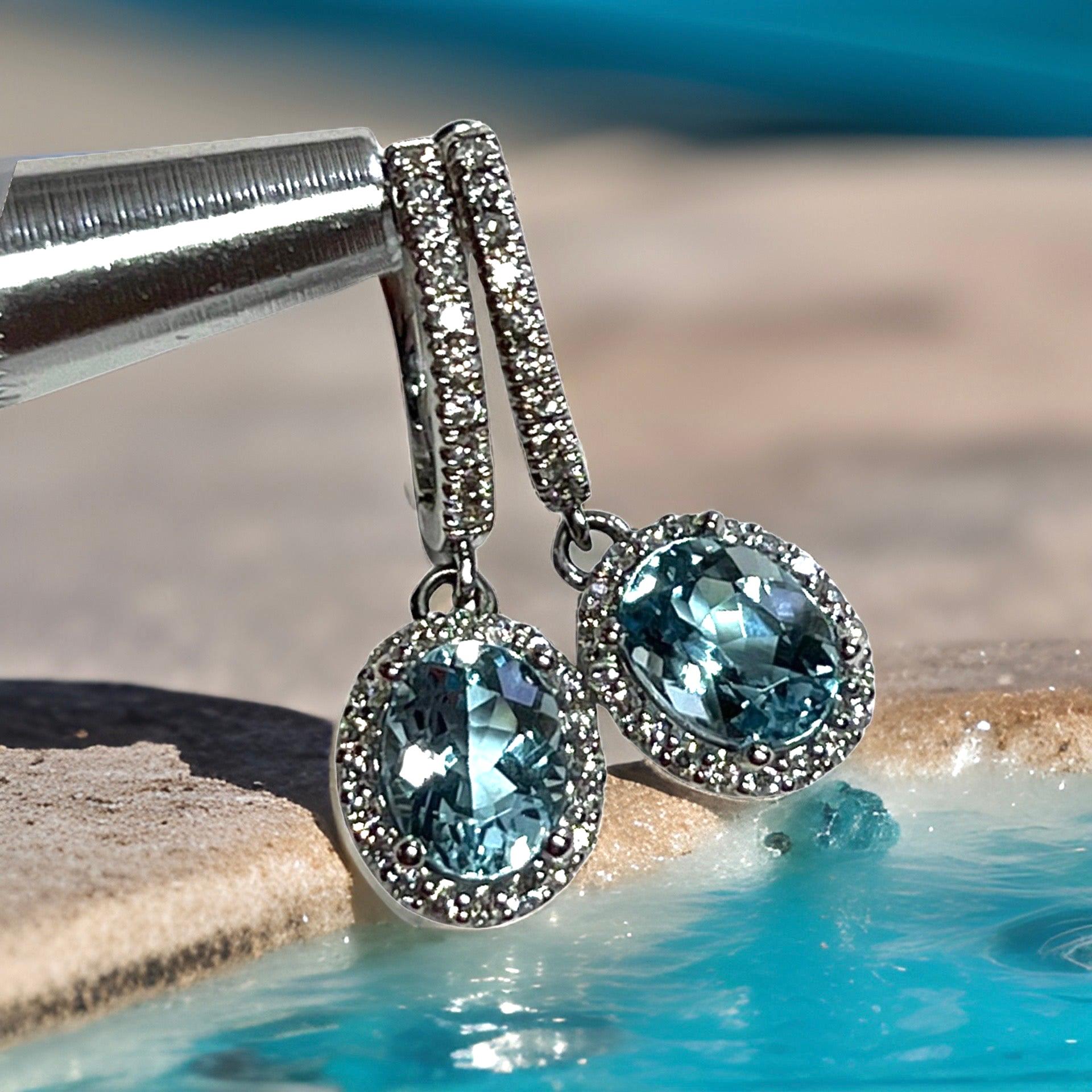Natural Aquamarine Diamond Dangle Earrings 14k W Gold 2.55 TCW Certified For Sale 6