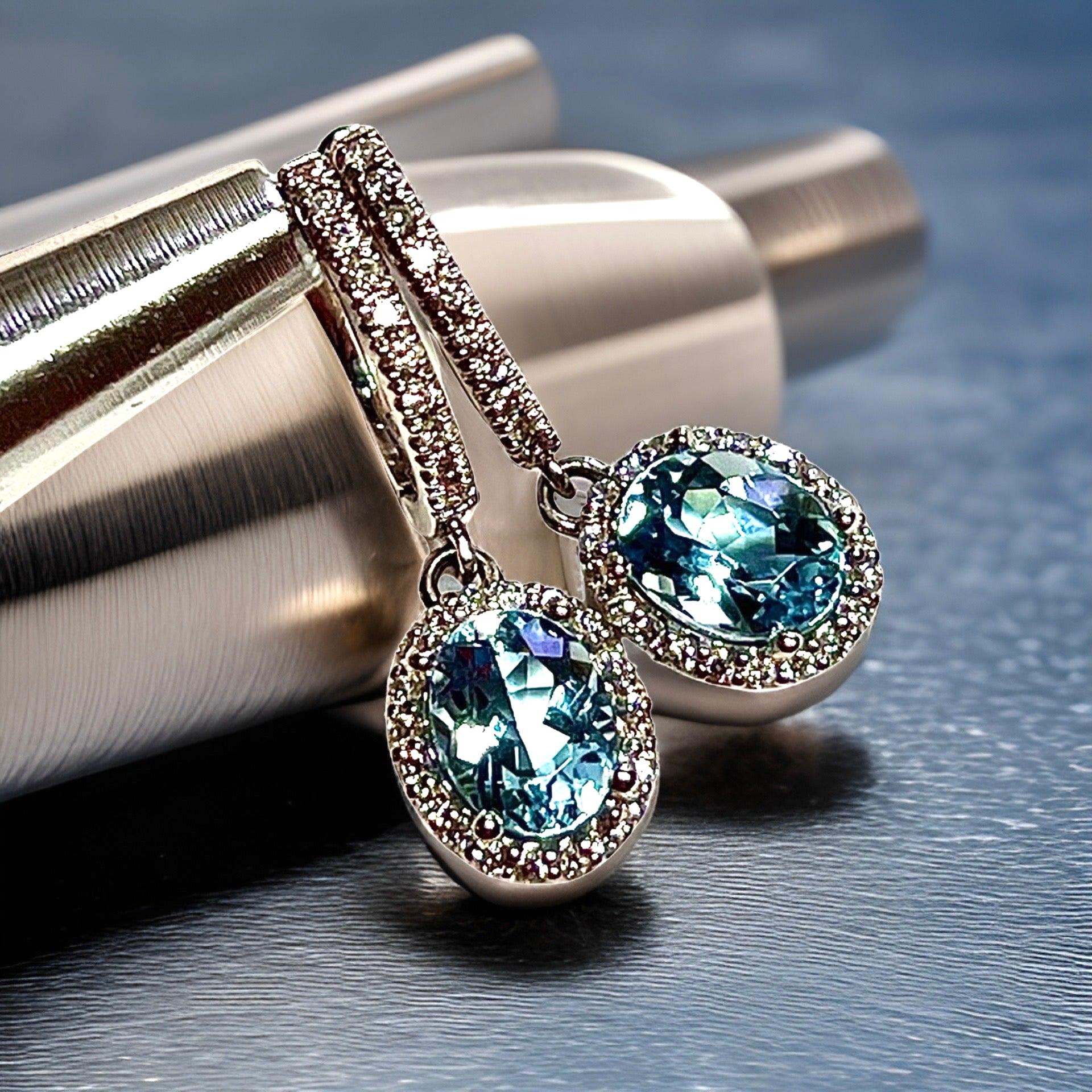 Natural Aquamarine Diamond Dangle Earrings 14k W Gold 2.55 TCW Certified In New Condition For Sale In Brooklyn, NY