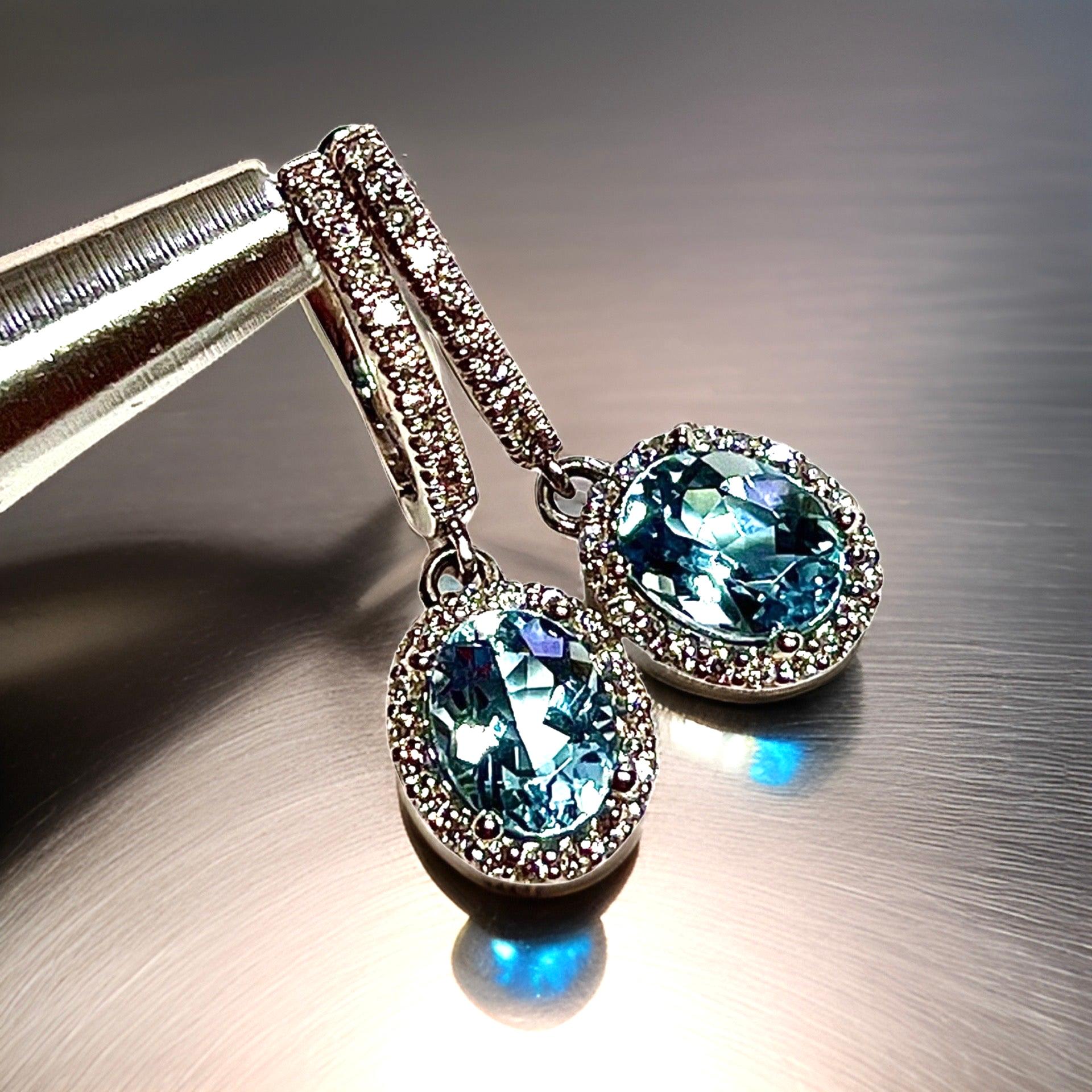 Natural Aquamarine Diamond Dangle Earrings 14k W Gold 2.55 TCW Certified For Sale 1