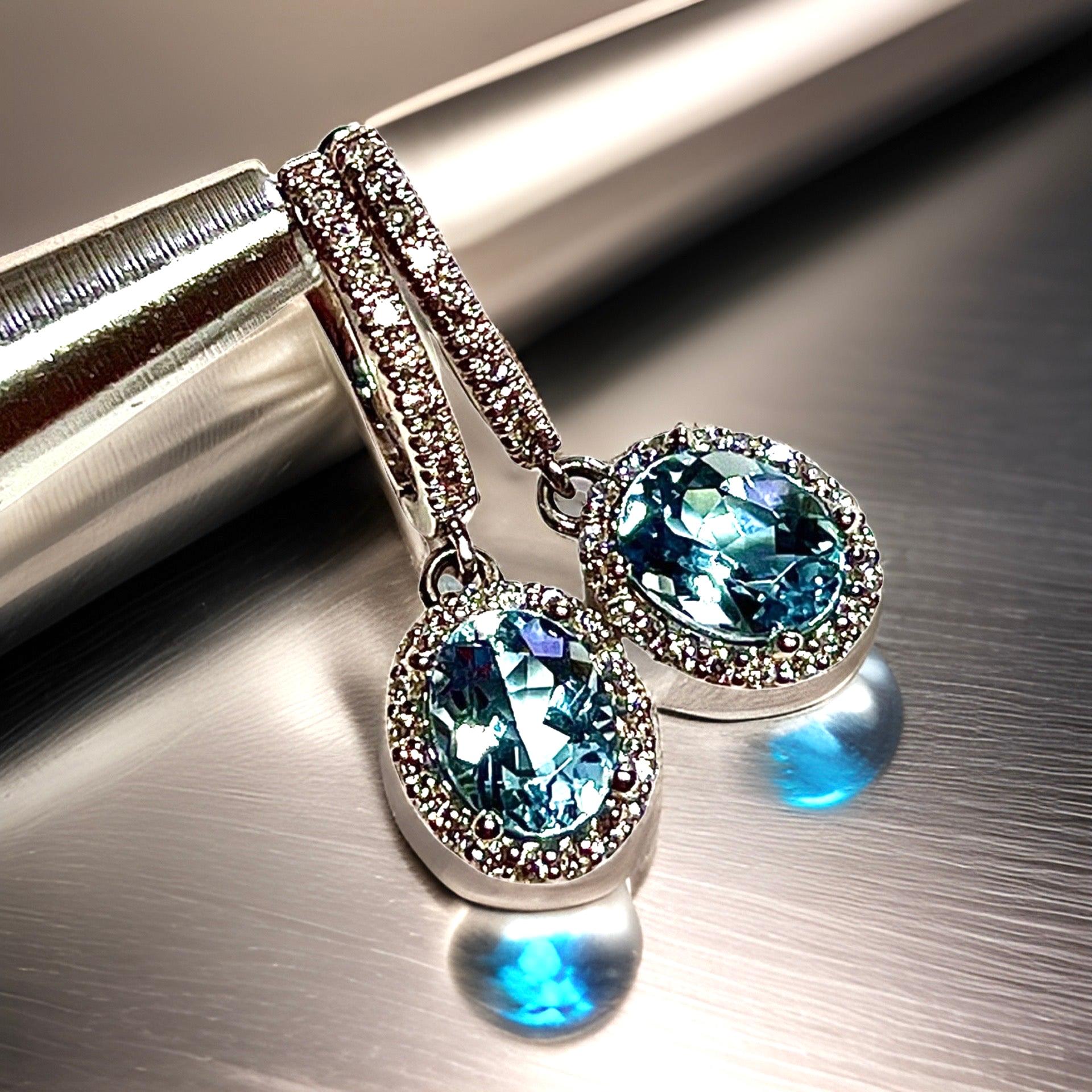 Natural Aquamarine Diamond Dangle Earrings 14k W Gold 2.55 TCW Certified For Sale 2