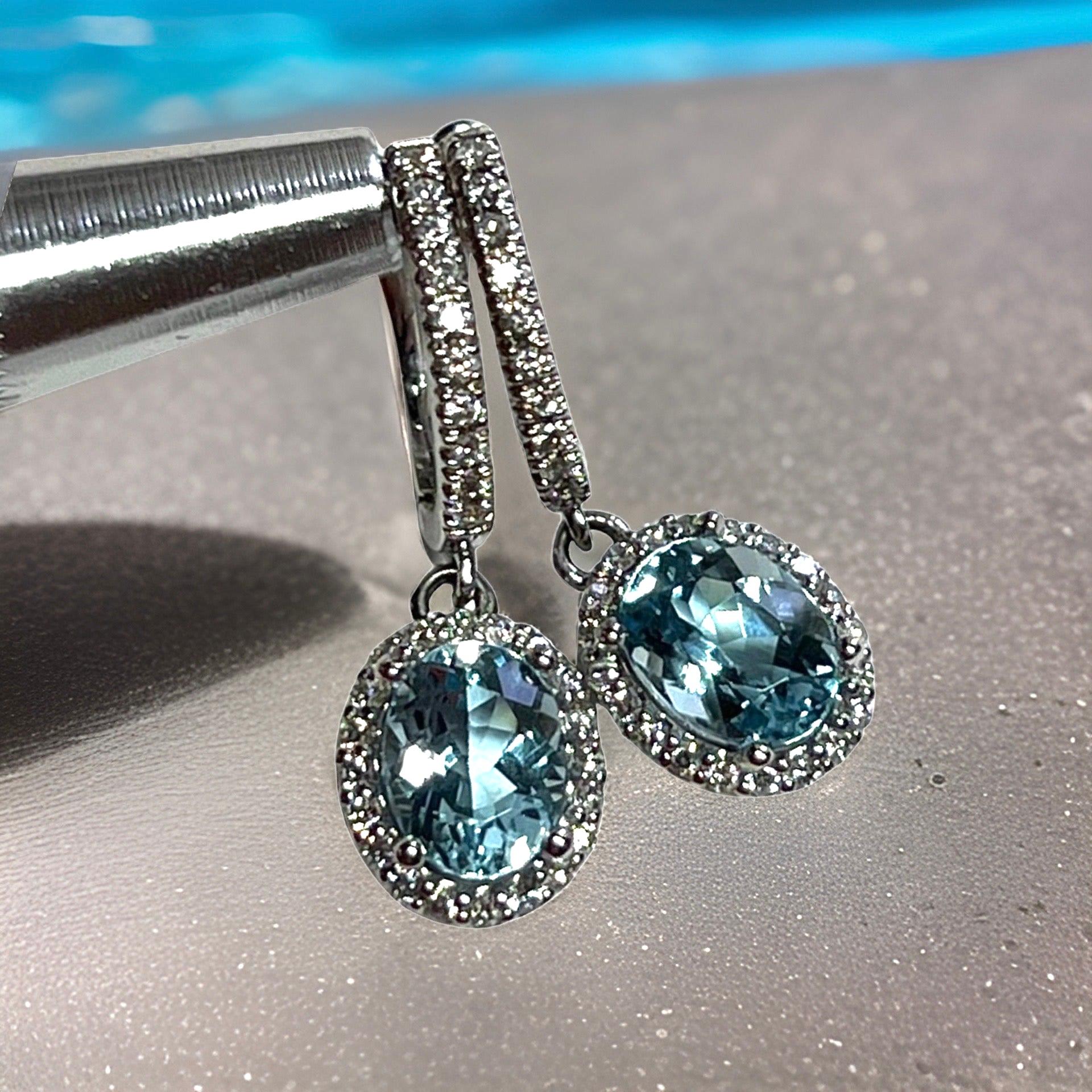 Natural Aquamarine Diamond Dangle Earrings 14k W Gold 2.55 TCW Certified For Sale 4