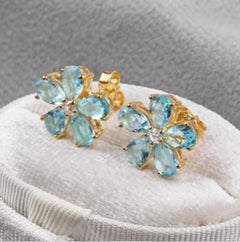 Natural Aquamarine & Diamond Earring in 14k Gold