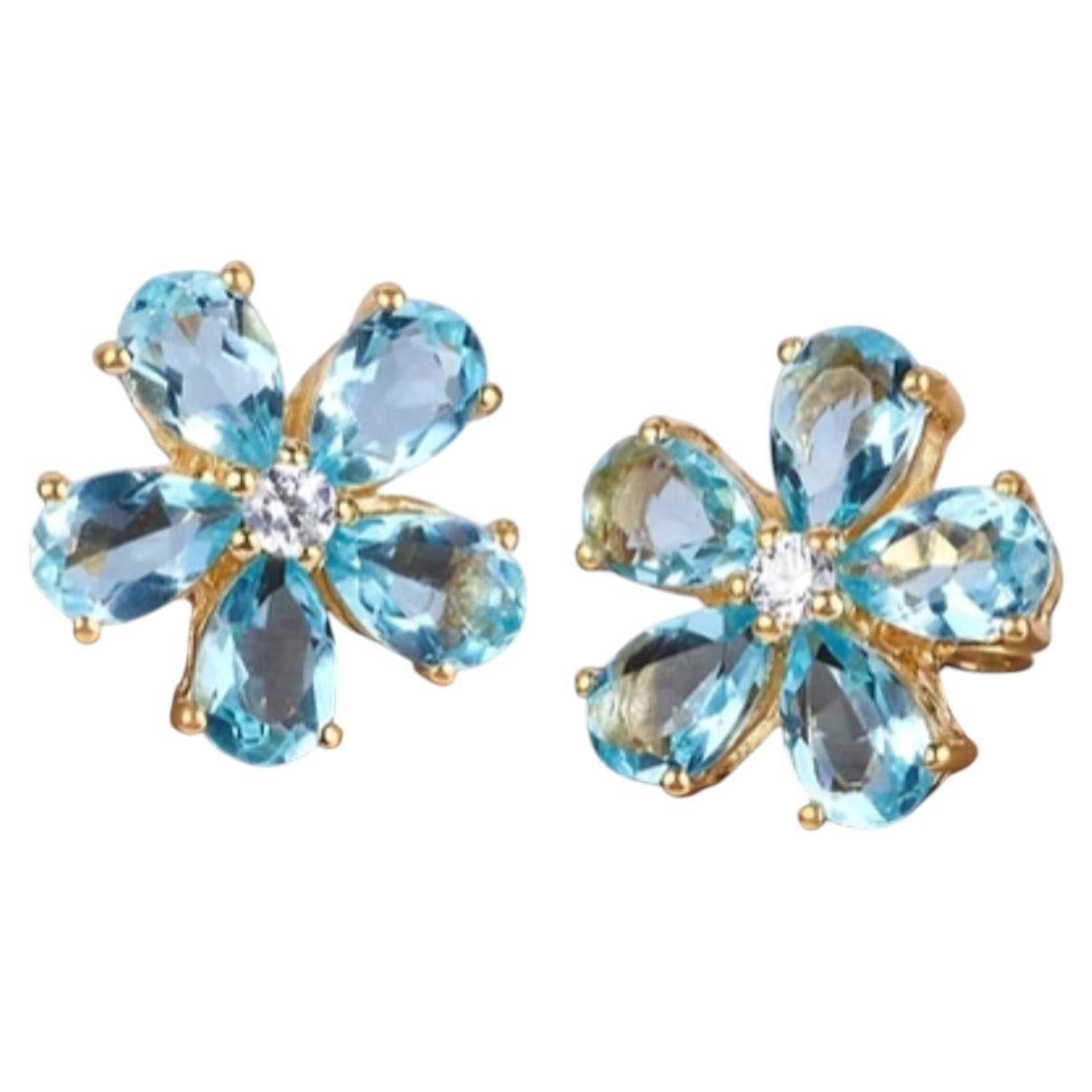 Natural Aquamarine and Diamond Stud Earrings in 14K Gold, India
