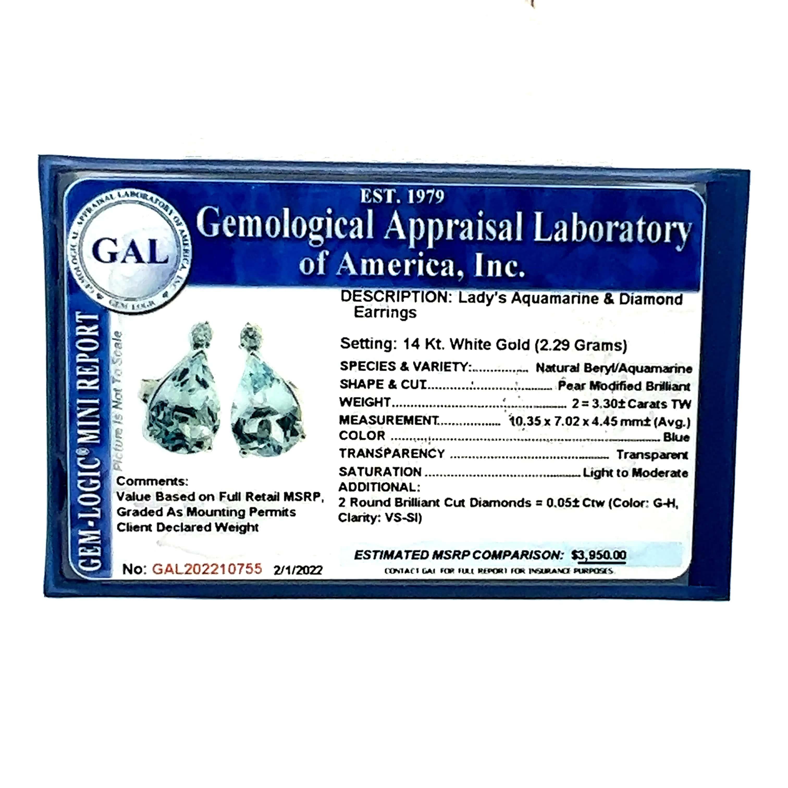 Natural Aquamarine Diamond Earrings 14k W Gold 3.35 TCW Certified  For Sale 3