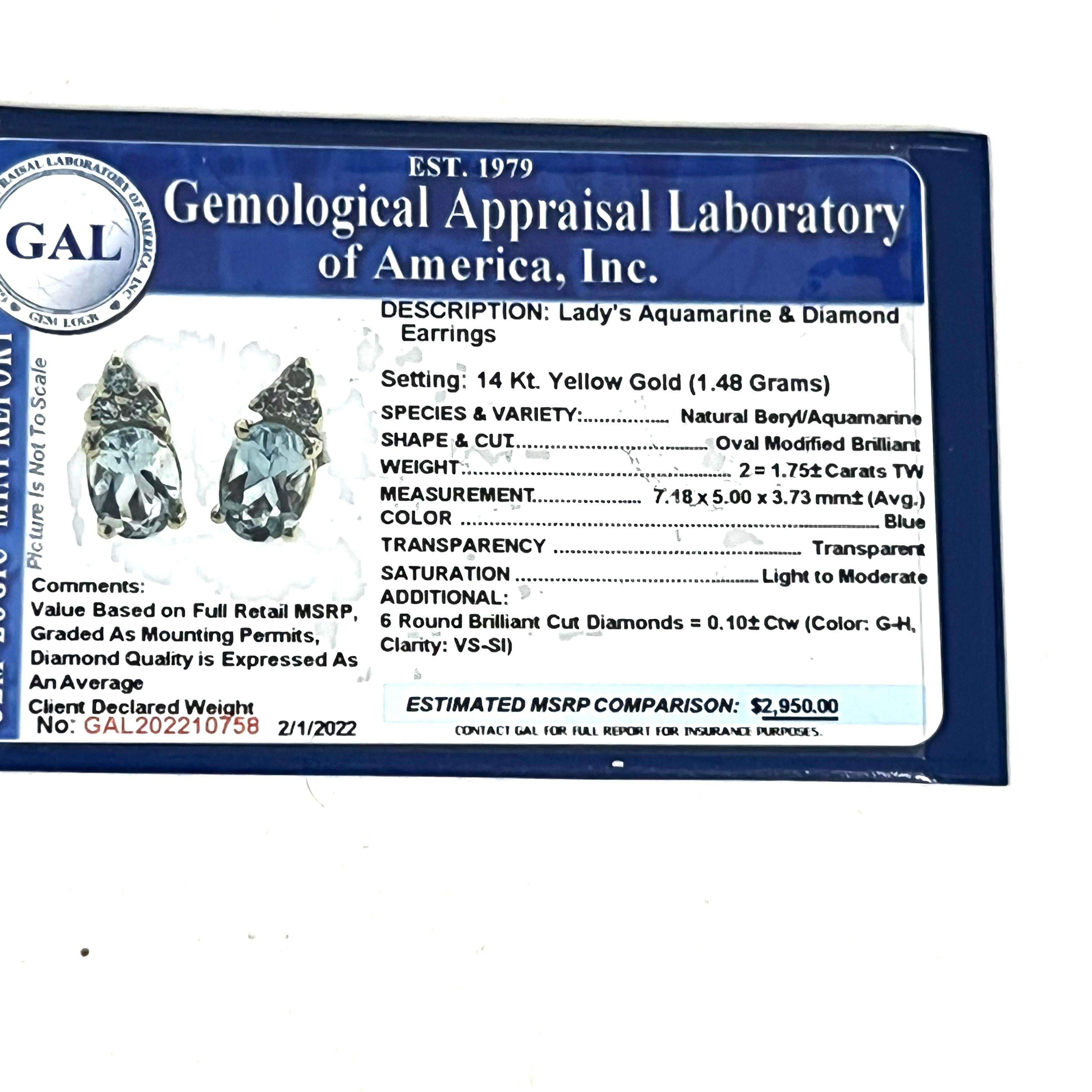 Natürliche Aquamarin-Diamant-Ohrringe 14k Y Gold 1,85 TCW zertifiziert im Angebot 8