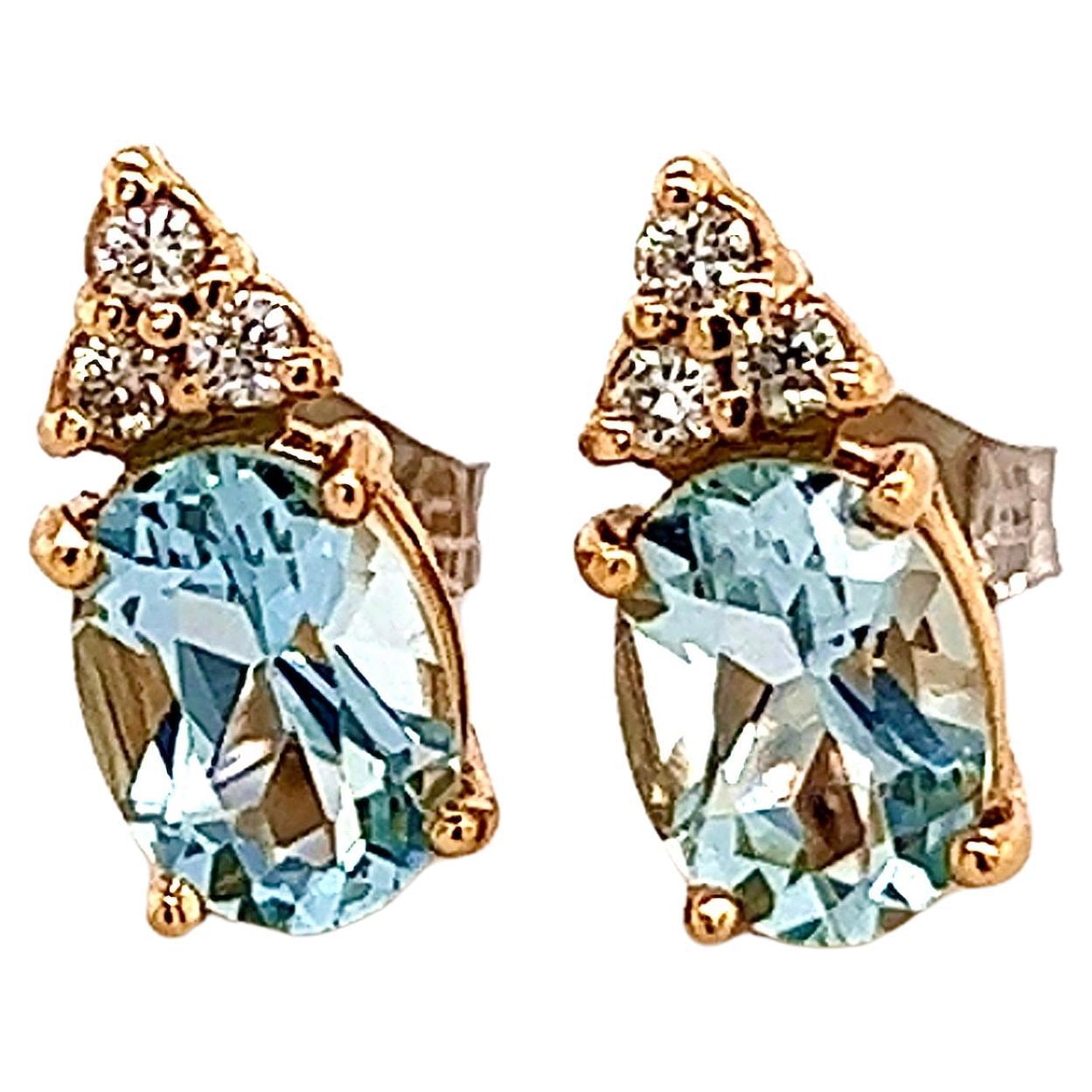 Boucles d'oreilles en or 14 carats avec aigue-marine naturelle et diamant certifié TCW 1,85 carat