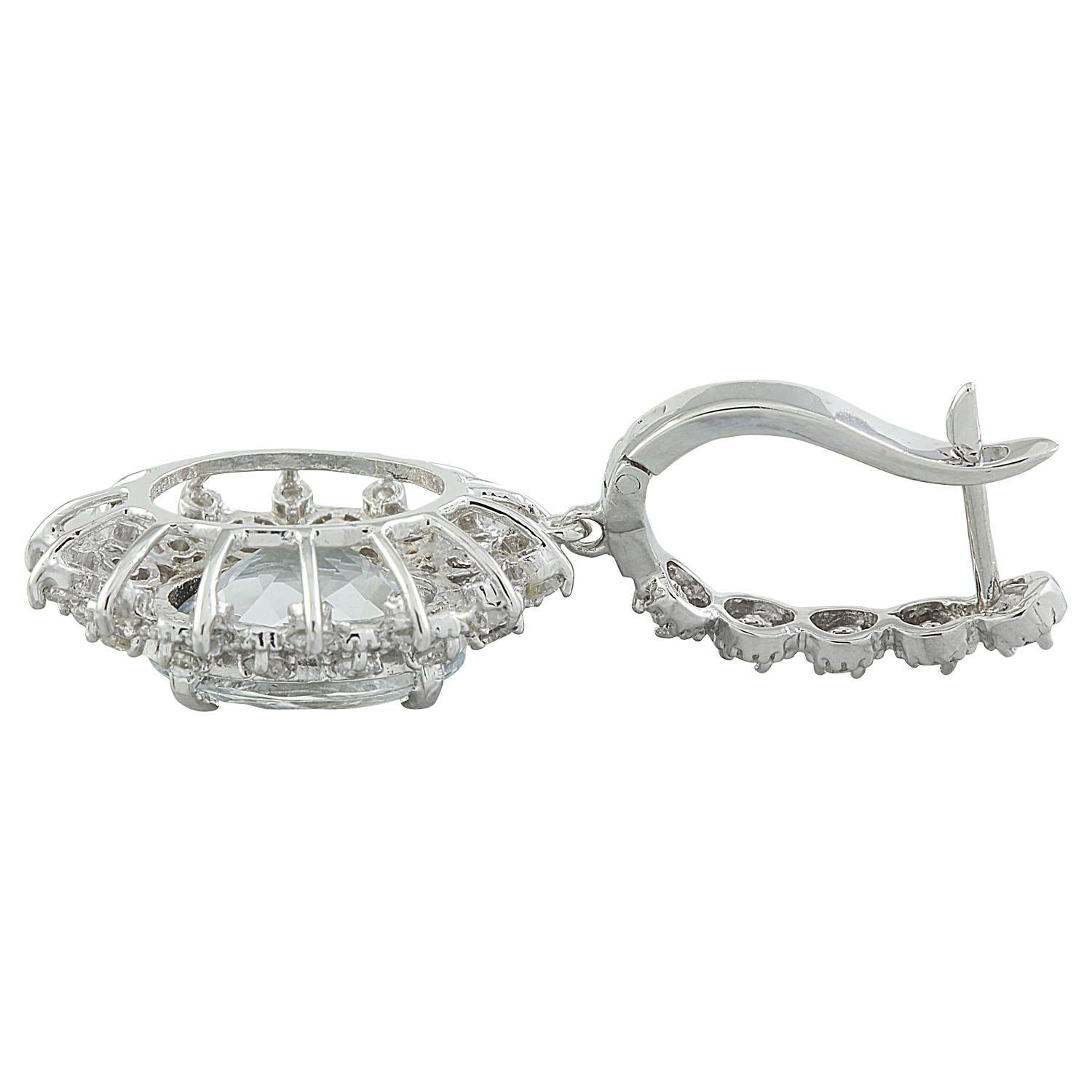 Oval Cut Natural Aquamarine Diamond Earrings in 14 Karat Solid White Gold For Sale