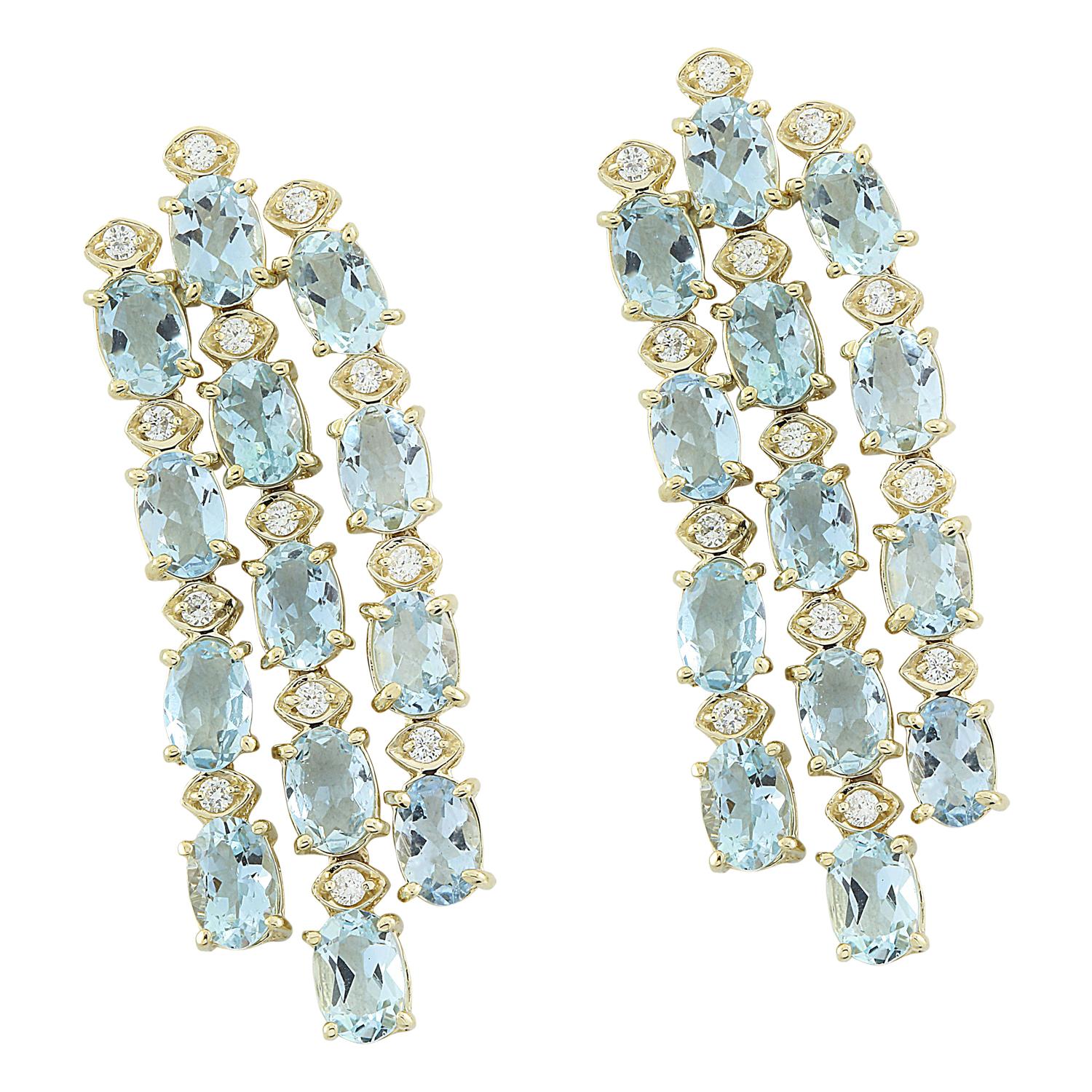 Oval Cut Natural Aquamarine Diamond Earrings in 14 Karat Solid Yellow Gold  For Sale