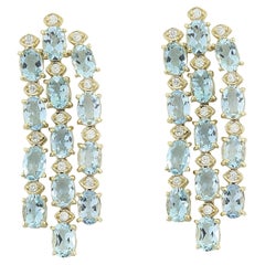 Natural Aquamarine Diamond Earrings in 14 Karat Solid Yellow Gold 