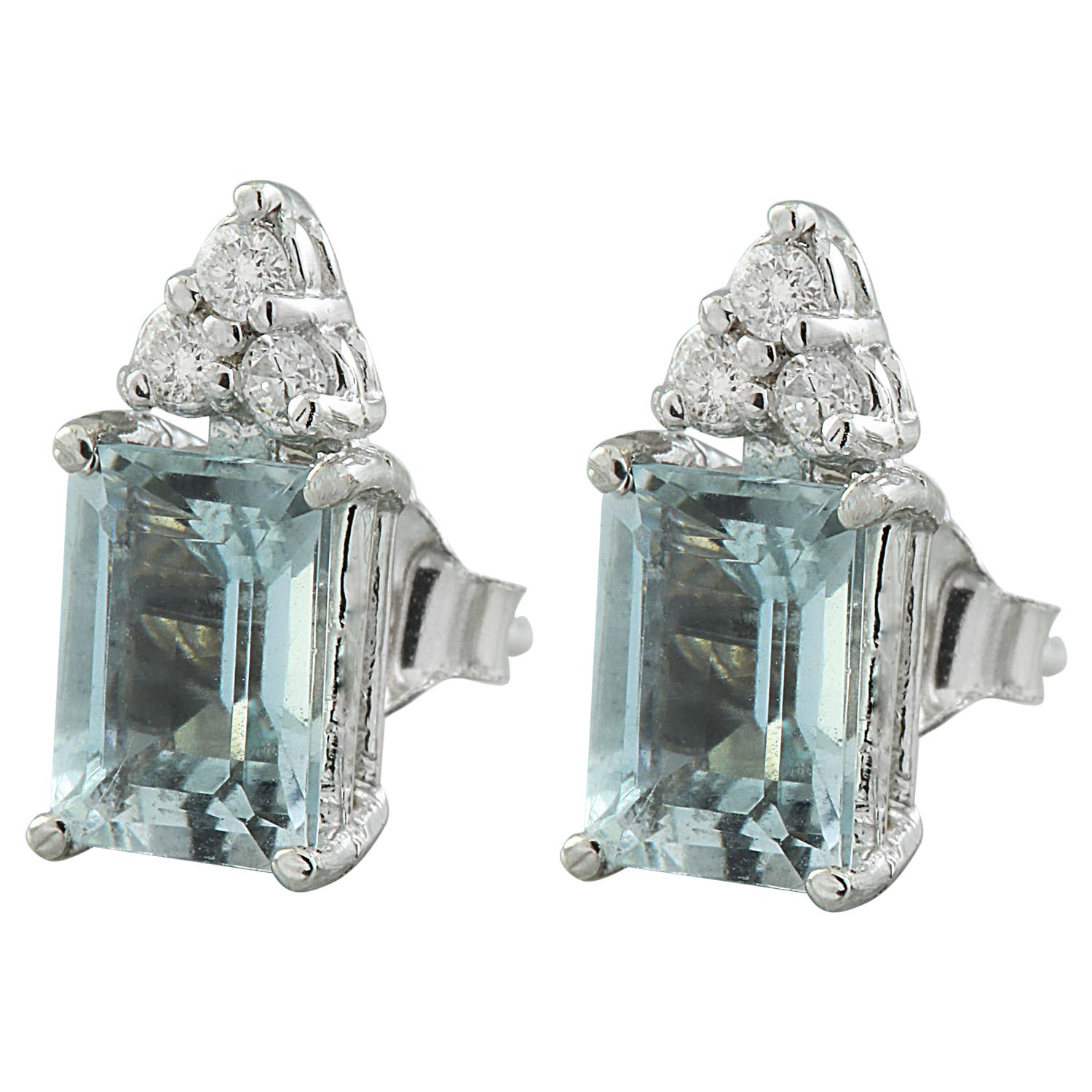 2.65 Carat Natural Aquamarine 14 Karat Solid White Gold Diamond Earrings
Stamped: 14K 
Total Earrings Weight: 1.5 Grams 
Aquamarine Weight: 2.50 Carat (7.00x5.00 Millimeters)  
Color: Blue 
Treatment: Heating
Diamond Weight: 0.15 Carat (F-G Color,