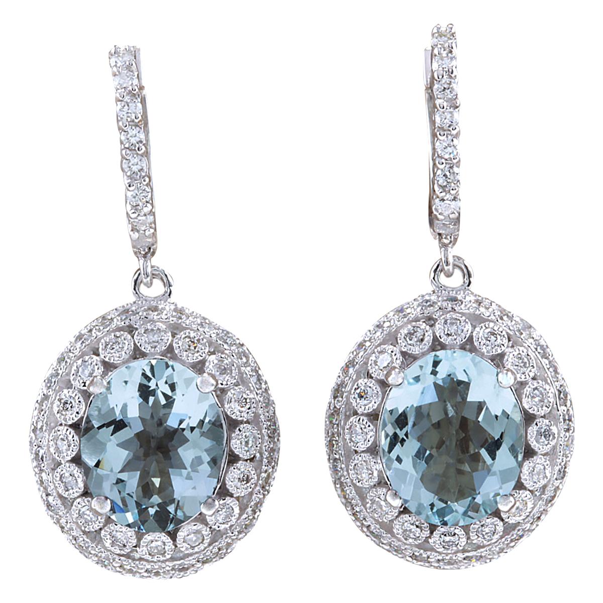 Oval Cut Natural Aquamarine Diamond Earrings In 14 Karat White Gold  For Sale