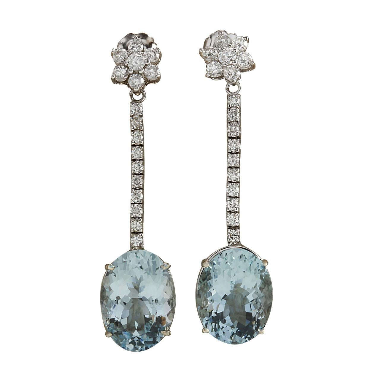 Oval Cut Natural Aquamarine Diamond Earrings In 14 Karat White Gold  For Sale