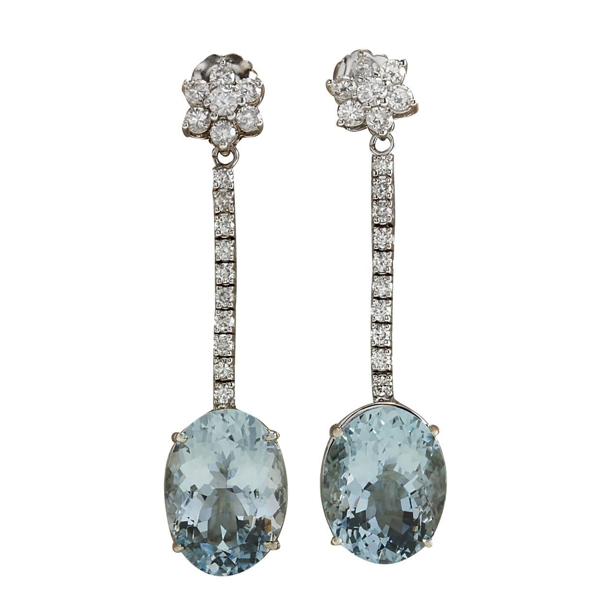 Oval Cut Natural Aquamarine Diamond Earrings In 14 Karat White Gold For Sale