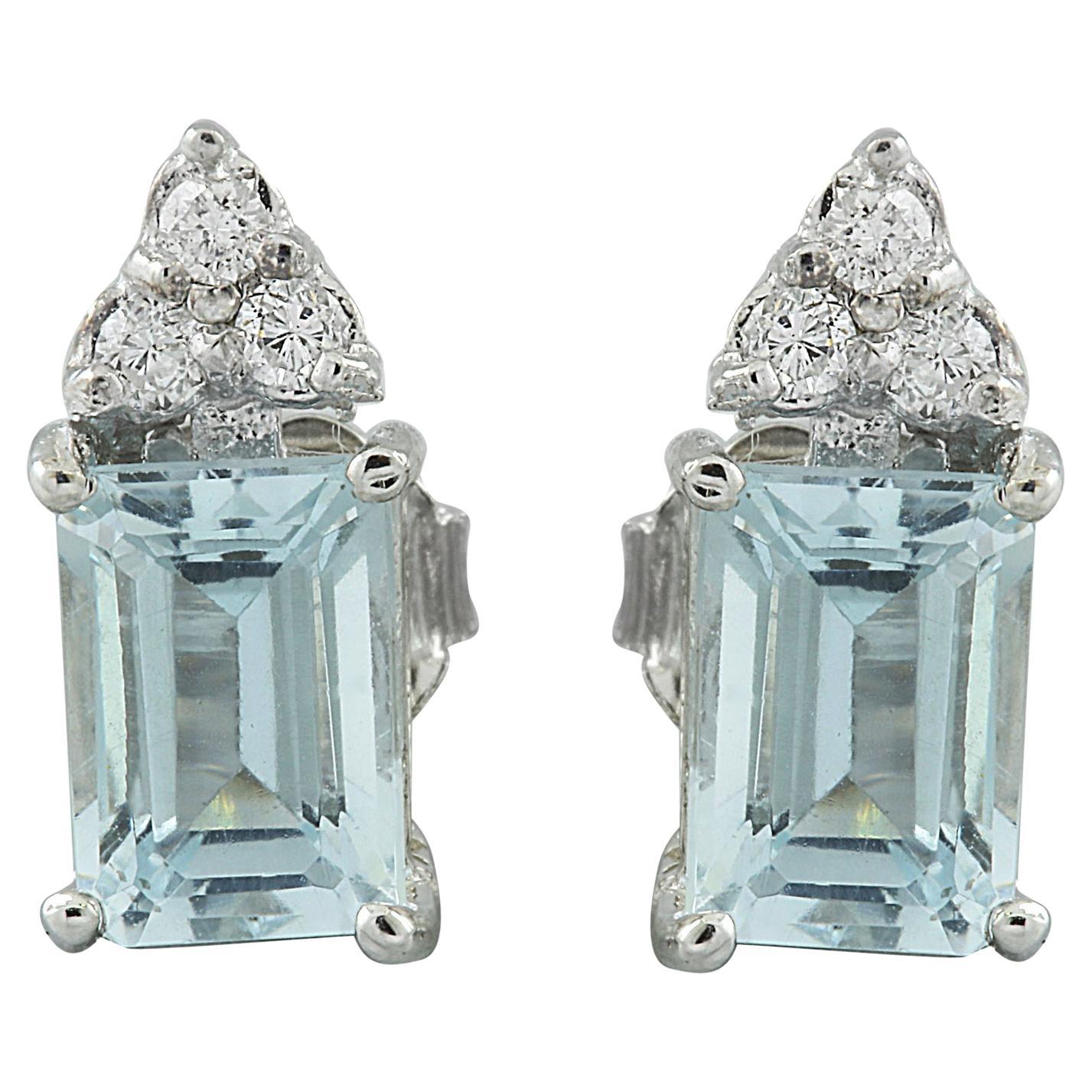 Natural Aquamarine Diamond Earrings In 14 Karat White Gold For Sale