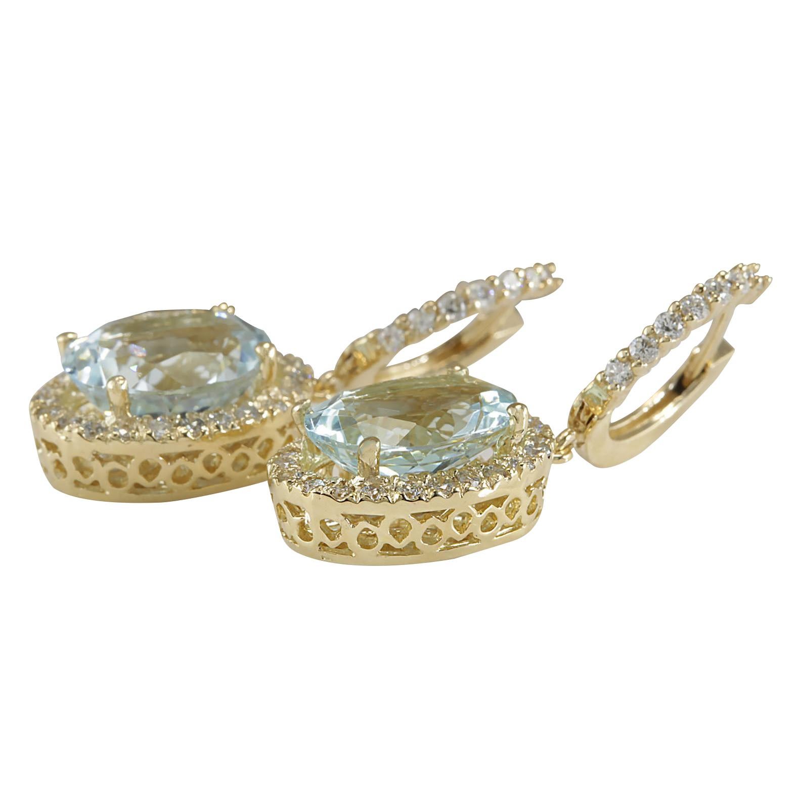 Oval Cut Natural Aquamarine Diamond Earrings In 14 Karat Yellow Gold  For Sale