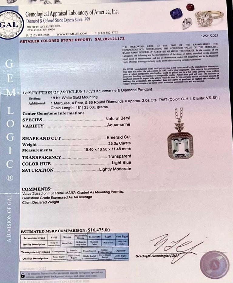 Natural Aquamarine Diamond Gold Necklace 27 TCW GIA Certified For