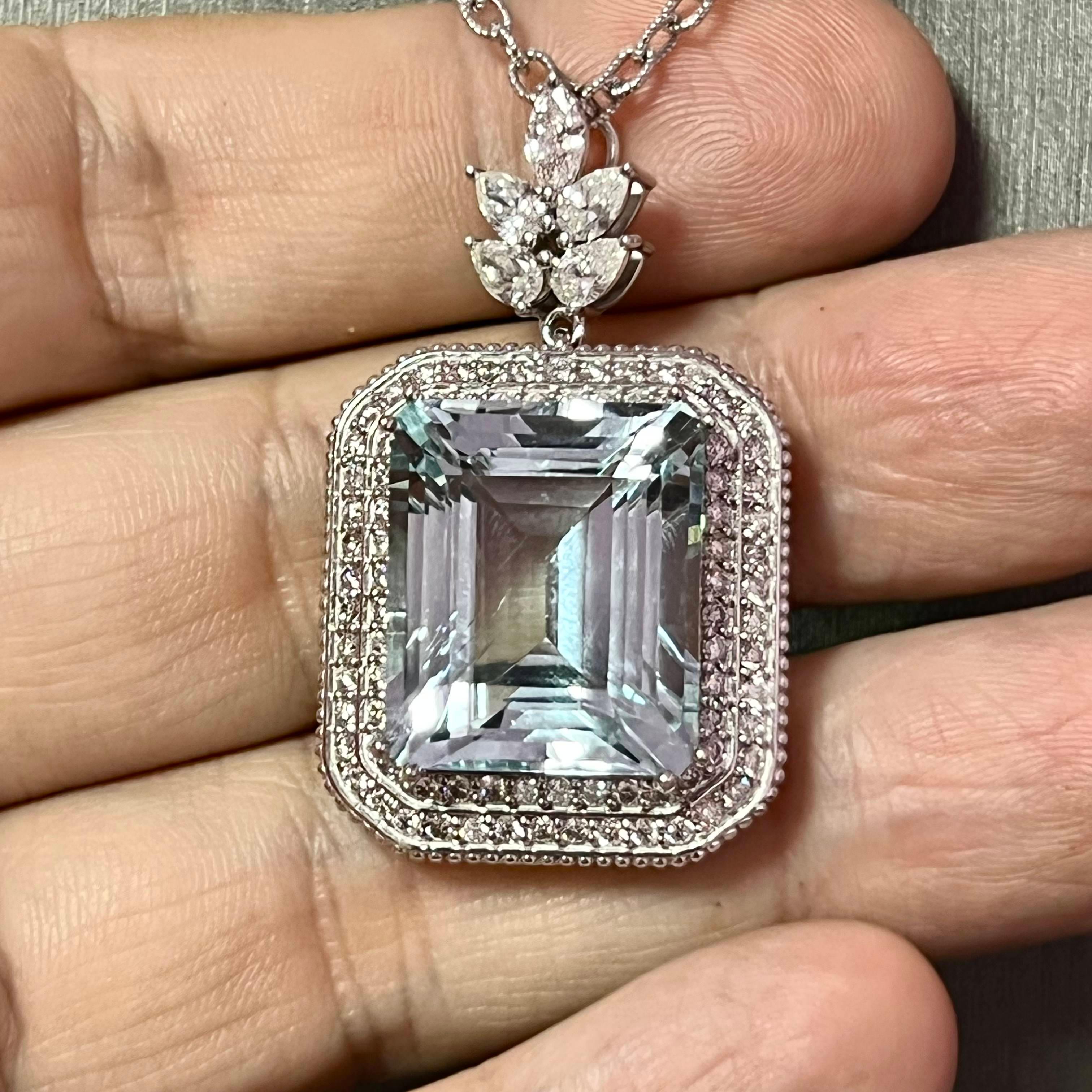 Emerald Cut Natural Aquamarine Diamond Gold Necklace 27 TCW GIA Certified For Sale