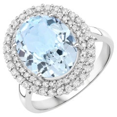 Natural Aquamarine & Diamond Halo Ring 4.50 Carats 14k White Gold