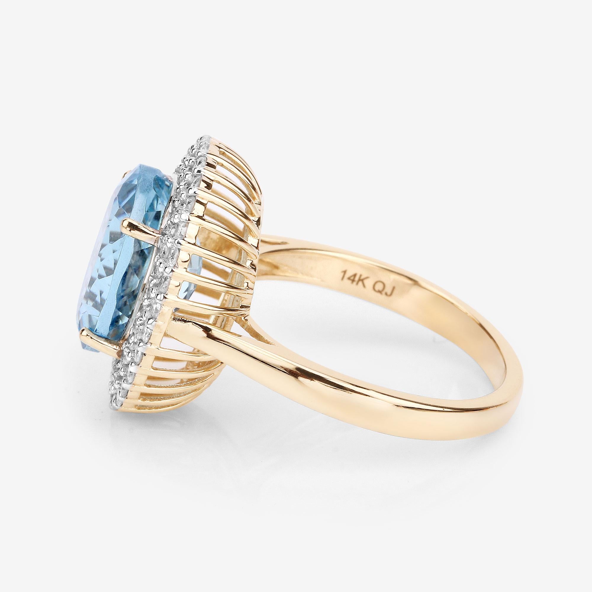 Contemporary Natural Aquamarine & Diamond Halo Ring 4.50 Carats 14k Yellow Gold For Sale