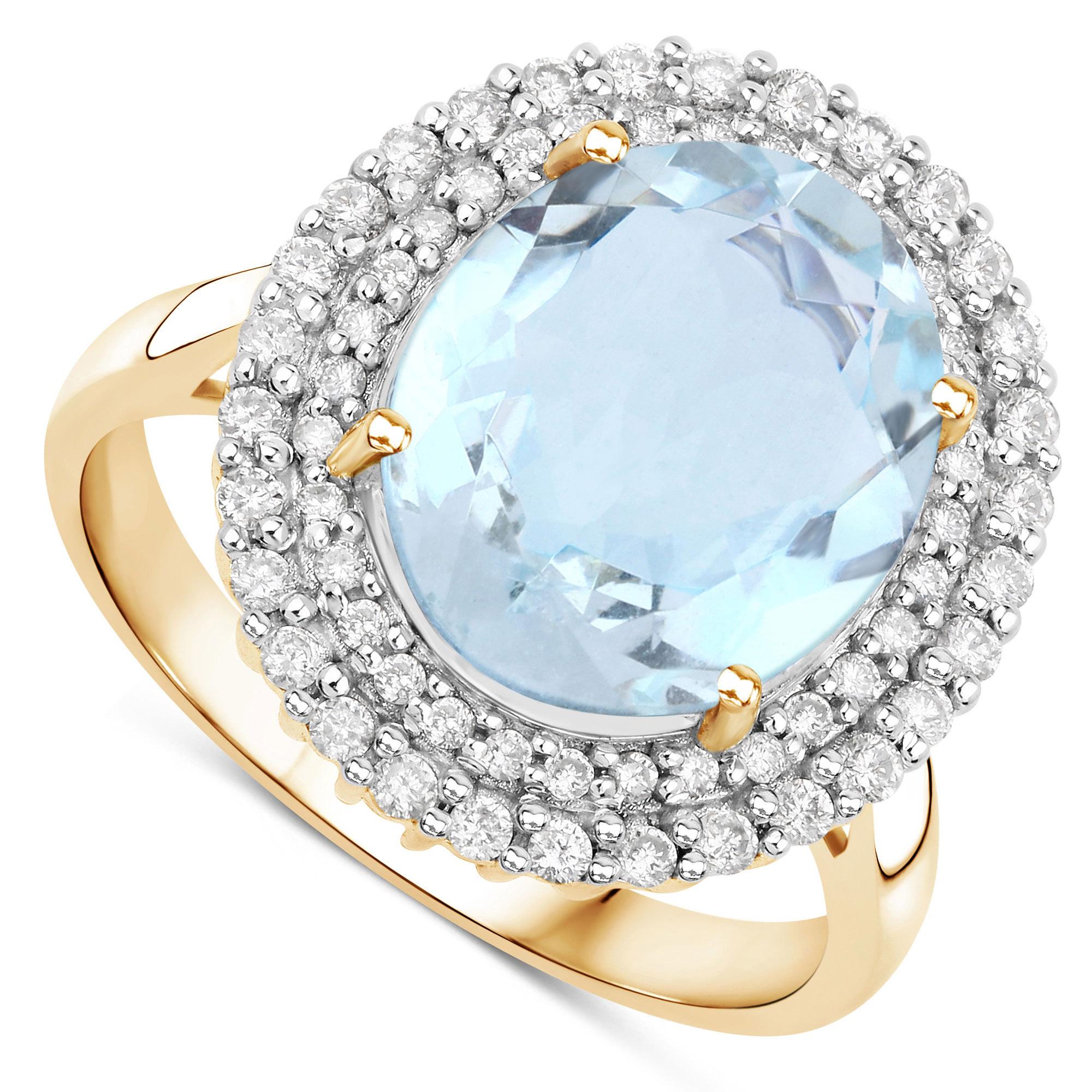 Women's or Men's Natural Aquamarine & Diamond Halo Ring 4.50 Carats 14k Yellow Gold For Sale