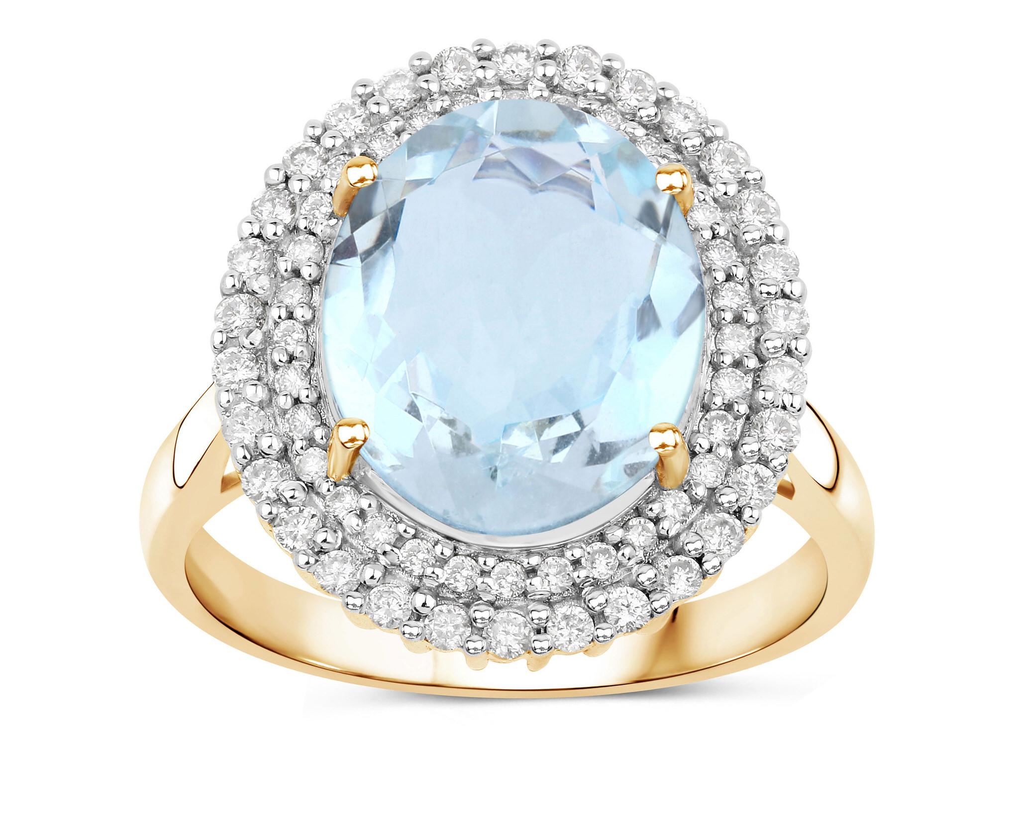 Natural Aquamarine & Diamond Halo Ring 4.50 Carats 14k Yellow Gold For Sale 1