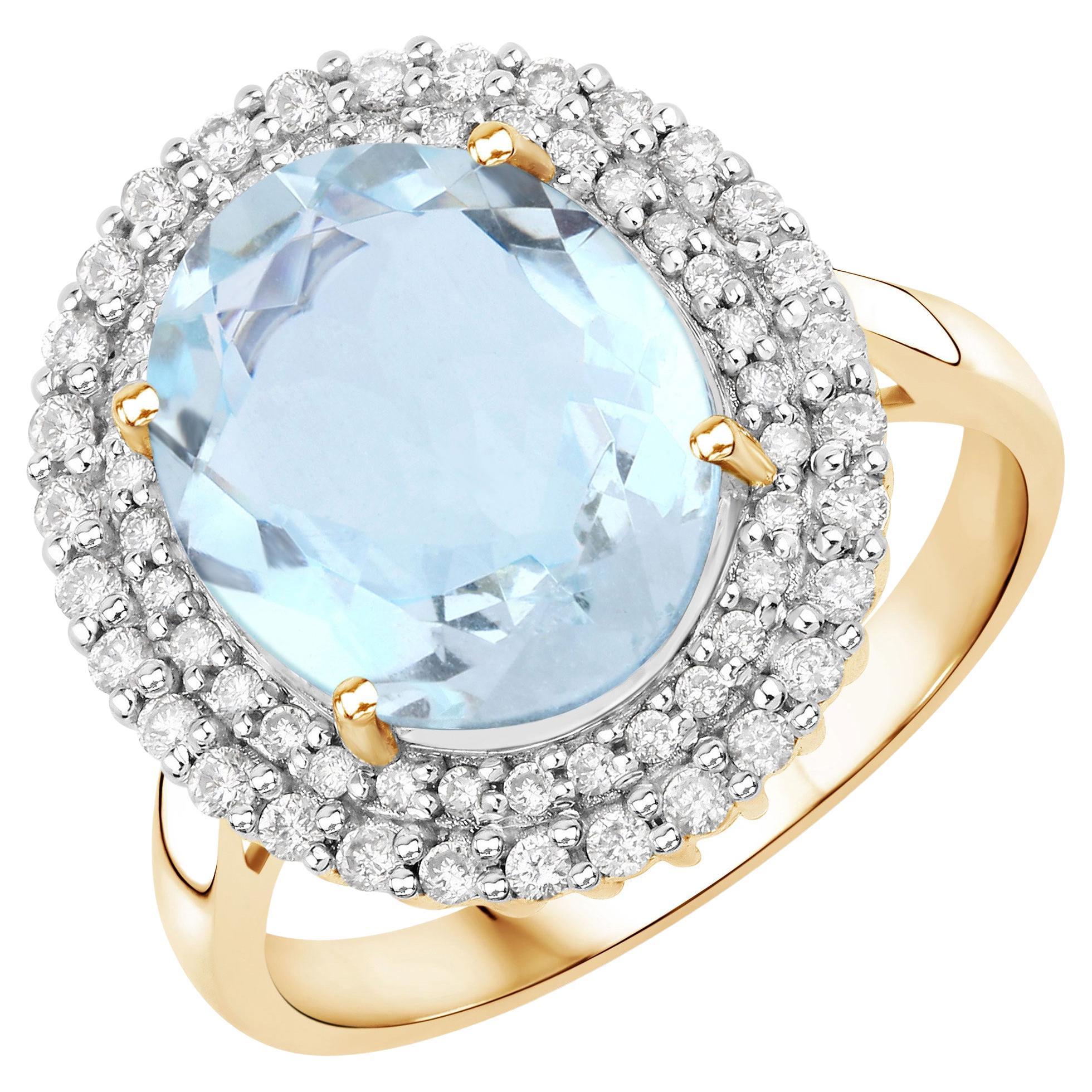 Natural Aquamarine & Diamond Halo Ring 4.50 Carats 14k Yellow Gold For Sale